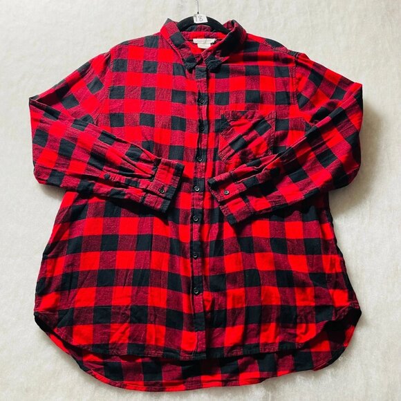 Beach Launch Lounge Womens Red Black Buffalo Check Pocket Flannel Shirt Size XL - Picture 1 of 7
